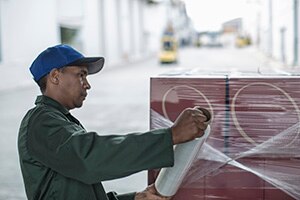 Man wrapping boxes with stretch film
